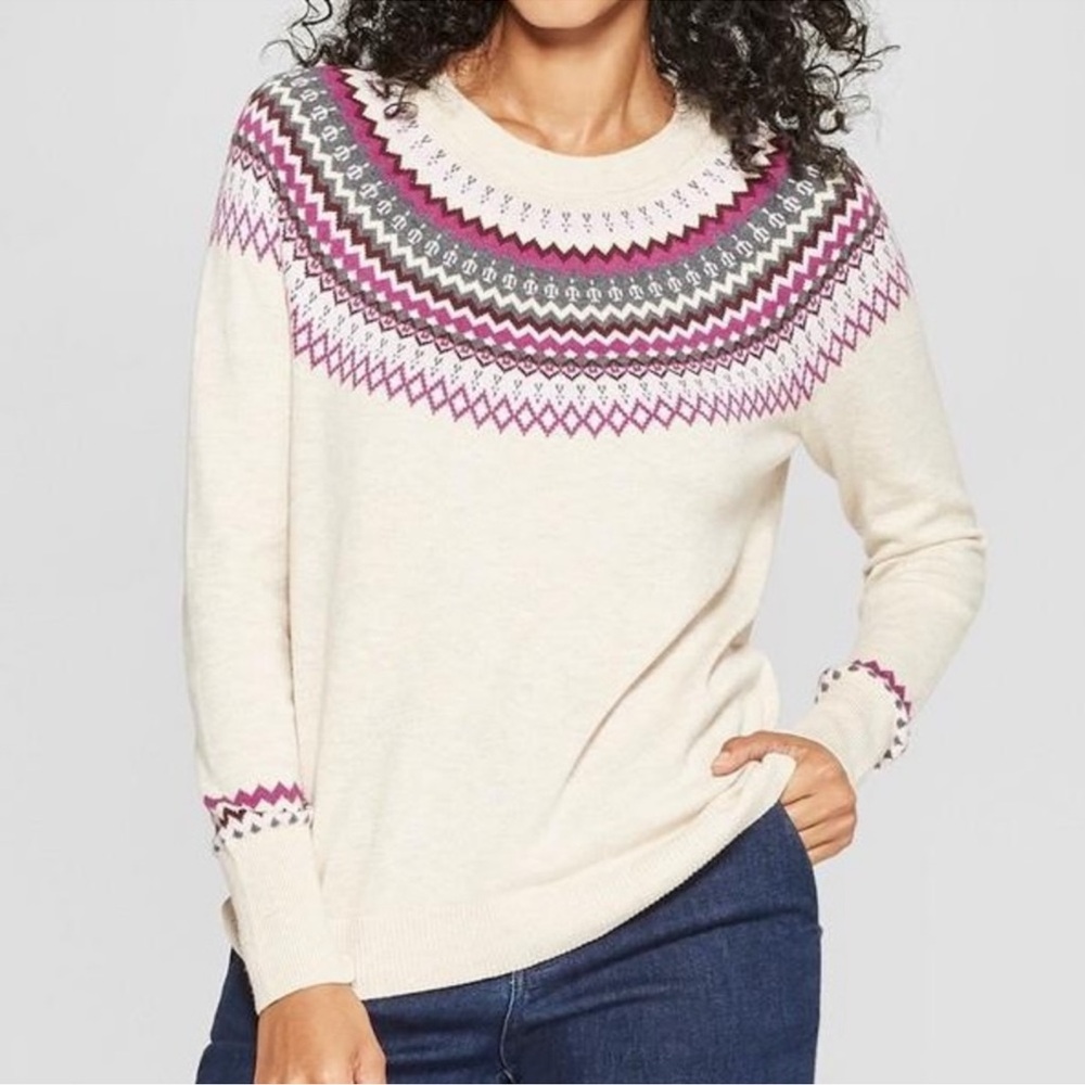 Fair Isle Sweater Vintage Style Crew Nordic Jumper Beige Lavender Pink Size XXL